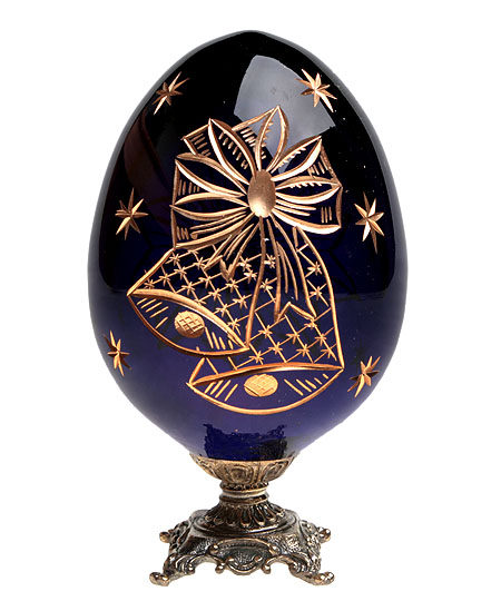 Яйцо "Колокольчики" на медной подставке Кобальтовое стекло, гранение, золочение, бронзирование Ручная авторская работа 7,5 см) Диаметр 5 см инфо 6496j.