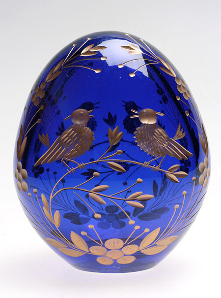 Яйцо "Два соловья" Кобальтовое стекло, гранение, золочение Ручная авторская работа 8,5 см, диаметр 7 см инфо 6505j.