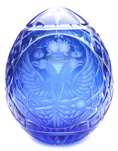 Яйцо большое "Двуглавый орел" (Кобальтовое стекло, гравировка, шлифовка - Ручная авторская работа) Диаметр 9 см Сохранность отличная инфо 6510j.