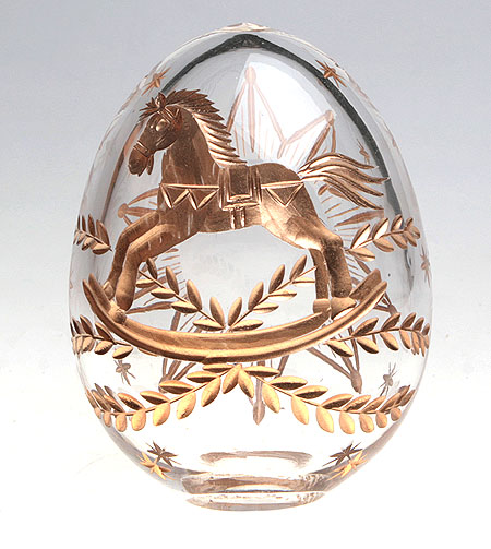 Яйцо "Лошадка" (Бесцветное стекло, гранение, золочение) Ручная авторская работа 7 см, диаметр 5,5 см инфо 6514j.