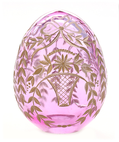 Яйцо "Корзины цветов" (Розовое стекло, гравировка, позолота - Ручная авторская работа) диаметр 5,5 см Сохранность отличная инфо 6515j.