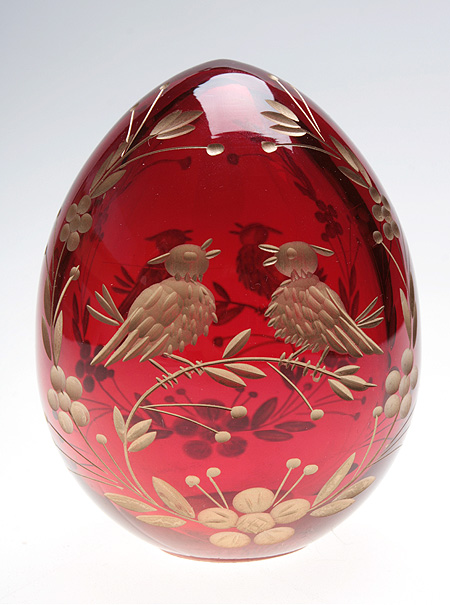 Яйцо "Соловьи" (Красное стекло, гранение, золочение - Ручная авторская работа) 7 см, диаметр 5,5 см инфо 6519j.