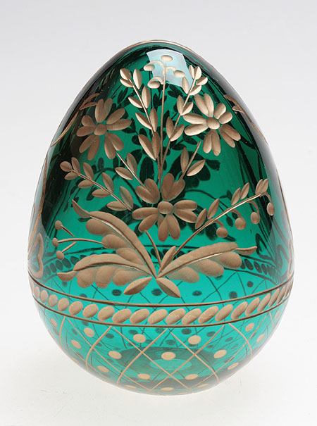 Яйцо "Корзина с цветами" (Зеленое стекло, гравировка, золочение) Ручная авторская работа Высота 7 см, диаметр см инфо 6522j.