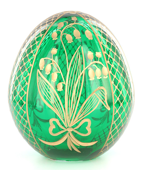 Яйцо "Ландыши" (Зеленое стекло, гранение, золочение - Ручная авторская работа) 8,5 см, диаметр 7 см инфо 6525j.