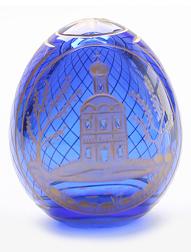 Яйцо "Покрова на Нерли" Кобальтовое стекло, гравировка, бронзирование Ручная авторская работа Диаметр 5 см Сохранность отличная инфо 6531j.