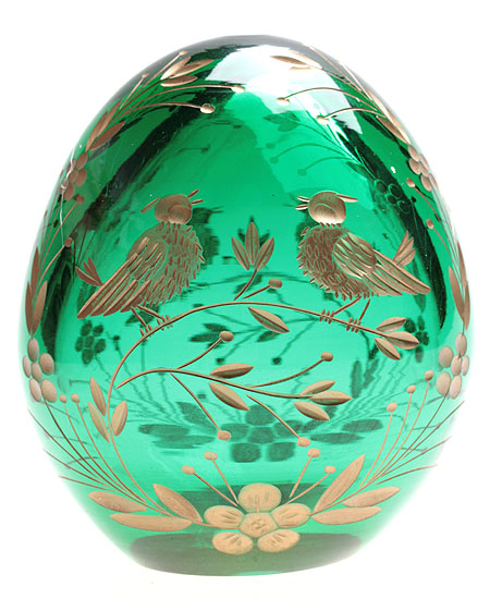 Яйцо "Соловьи" (Зеленое стекло, гранение, золочение - Ручная авторская работа) 8,5 см, диаметр 7 см инфо 6536j.