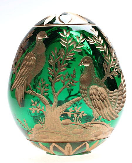 Яйцо "В сказочном лесу" (Зеленое стекло, гранение, золочение - Ручная авторская работа) 8,5 см, диаметр 7 см инфо 6589j.