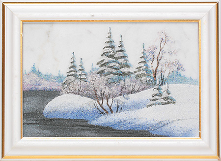 Картина из камня "Зимний пейзаж" Мрамор, янтарь, яшма, лидит, диопсит Ручная работа (в зависимости от наличия камня) инфо 7027j.