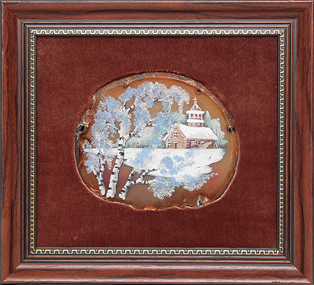Картина из камня "Зимний пейзаж с церковью" Агат, бирюза, яшма, бирюза Ручная работа (в зависимости от наличия камня) инфо 9416j.
