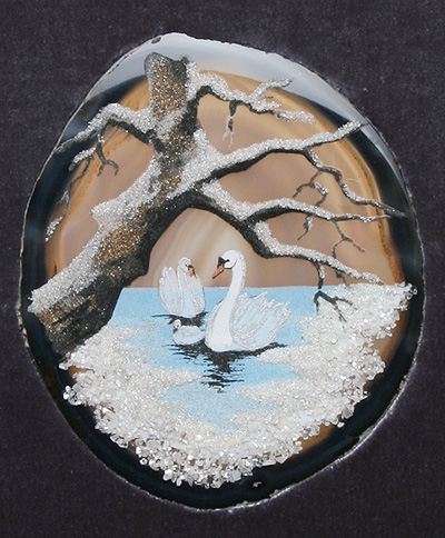Картина из камня "Лебеди" (Агат, мрамор, фианит, лазурит, шунгит, астрофилит - Ручная работа) (в зависимости от наличия камня) инфо 9419j.