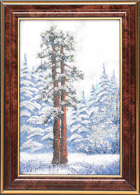 Картина из камня "Две сосны, зима, лес" Мрамор, лазурит, кионит, лидит, керченские слюды Ручная работа (в зависимости от наличия камня) инфо 9496j.