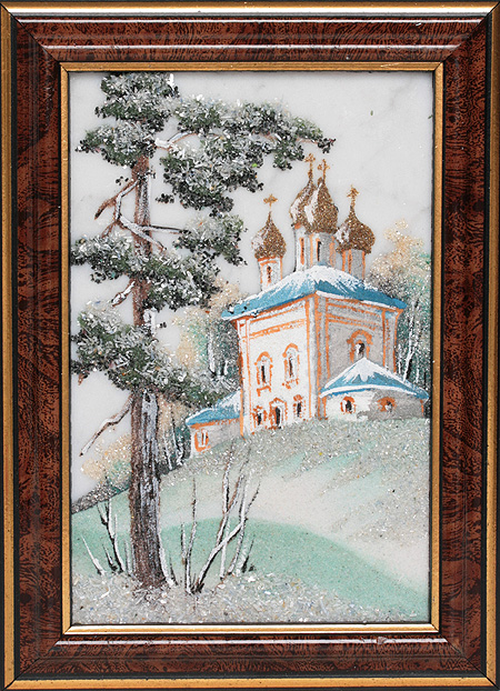 Картина из камня "Церковь" Мрамор, барит, яшма, диопсит, бирюза, керченские слюды Ручная работа (в зависимости от наличия камня) инфо 9499j.