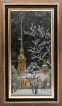 Картина из камня "Петропавловский собор" Лабрадорит, янтарь, яшма, кионит, барит, лидит Ручная работа (в зависимости от наличия камня) инфо 5895l.