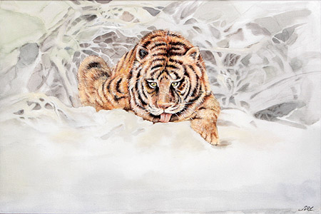 Тигр на снегу - Авторский батик (28,5 х 37,5 см) Батик, Шелк Размер: 28,5 х 37,5 см 2009 г инфо 9049l.
