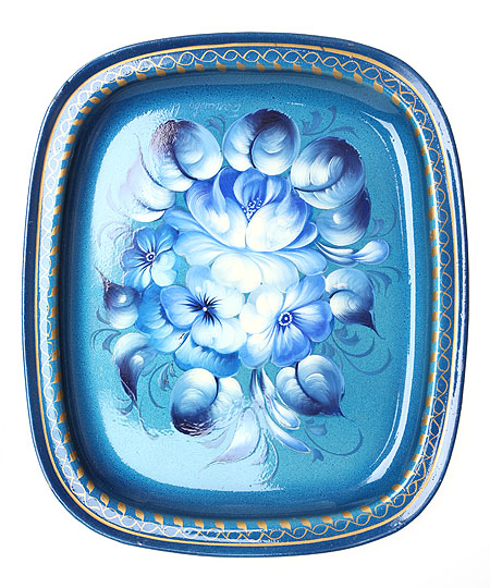 Поднос "Голубые цветы" (Металл, роспись) Авторская работа мягкой кистью и масляными красками инфо 3240a.