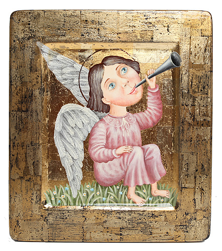 Картина "Трубящий ангел" Дерево, темпера, лак (21 х 23,5 см) не замеченным! Автор Юлия Якушева инфо 4937e.