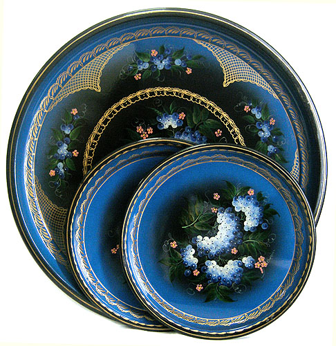 Комплект из 3 подносов "Голубая рябина" (Металл, роспись) Авторская работа с сюжетной и цветочной росписью инфо 11496e.