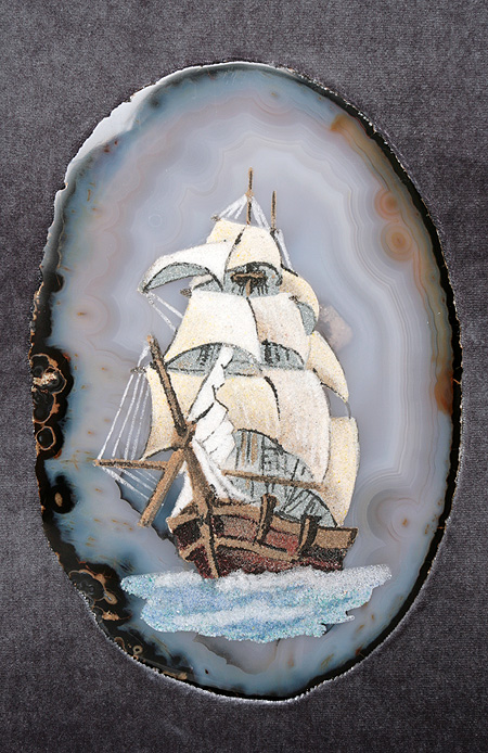 Картина из камня "Корабль" (агат, мрамор, лидит, янтарь, яшма, лазурит, бирюза) - Ручная работа (в зависимости от наличия камня) инфо 3462f.